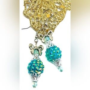 Christmas AB Turquoise Shambala Disco Ball Filigree Silver Bow Ornament Earrings